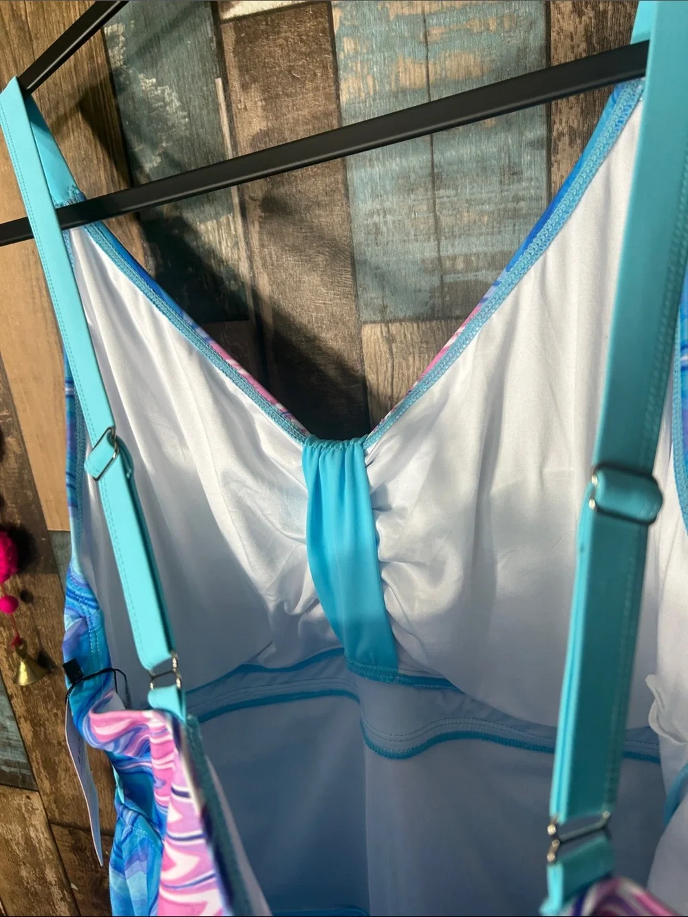 Arolina Blue & Pink Swirl One-Piece Swimdress with biker shorts
